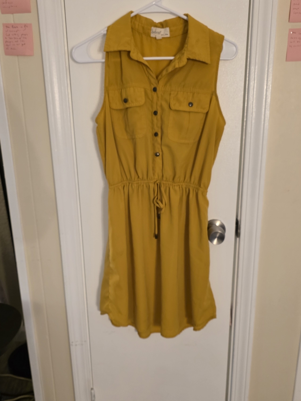BeBop Sleeveless Button-Front Drawstring Shirt Dress in Mustard Yellow